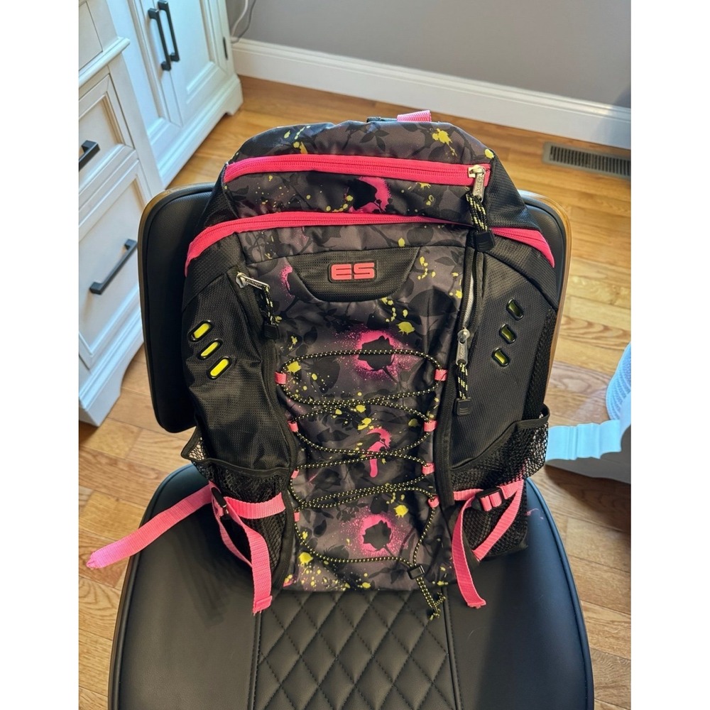 New School Backpack Black Pink Yellow Splatter Camo Floral Bag